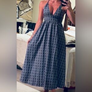 Evil Eye Navy Blue Boho Halter Maxi Dress | Deep V Neck | Tie Back | Size Small